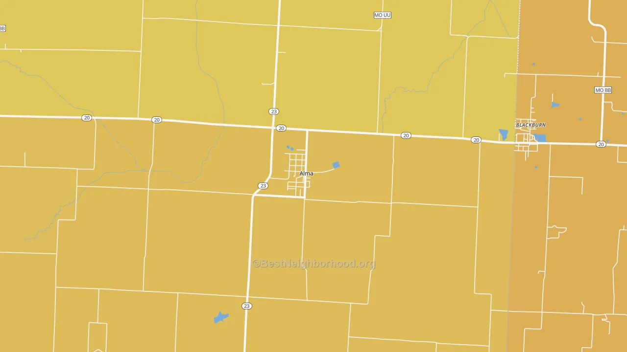 Map of the best neighborhoods in the 64001 area, with better matches in green and worse matches in red