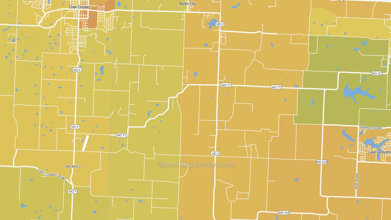 Map of the best neighborhoods in the 64011 area, with better matches in green and worse matches in red