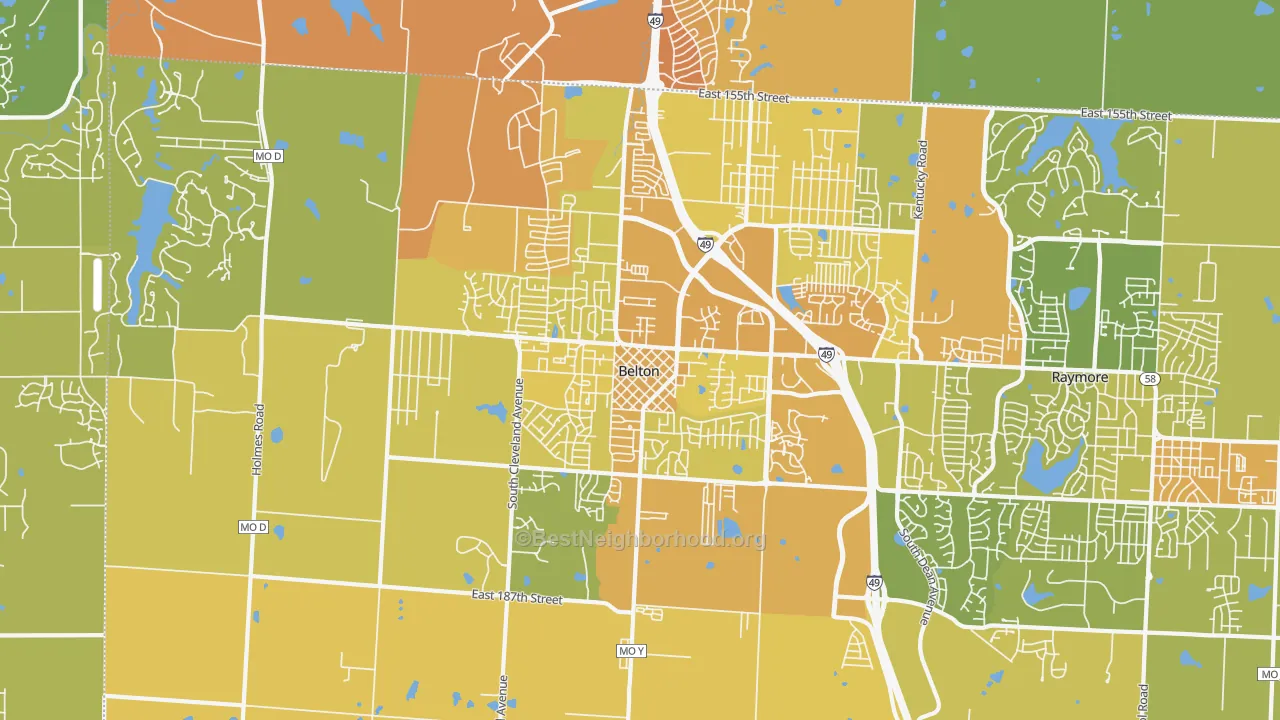 Map of the best neighborhoods in the 64012 area, with better matches in green and worse matches in red