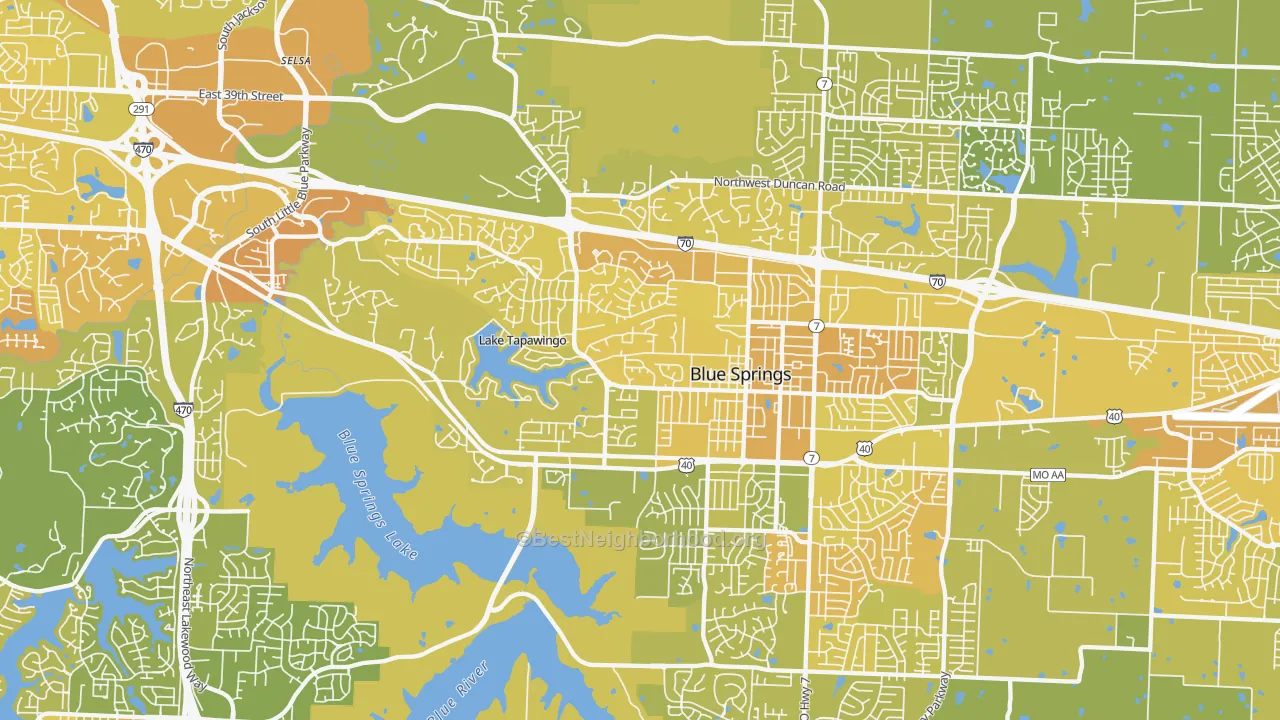 Map of the best neighborhoods in the 64015 area, with better matches in green and worse matches in red