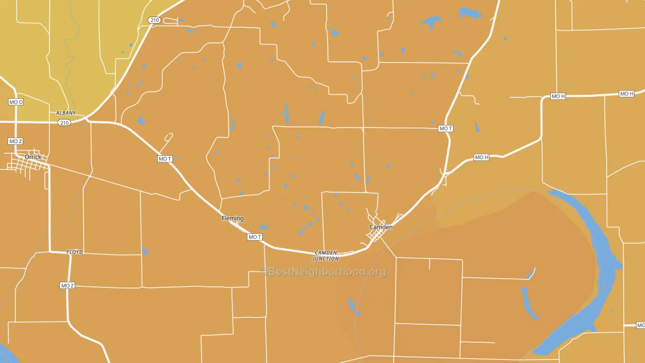 Map of the best neighborhoods in the 64017 area, with better matches in green and worse matches in red
