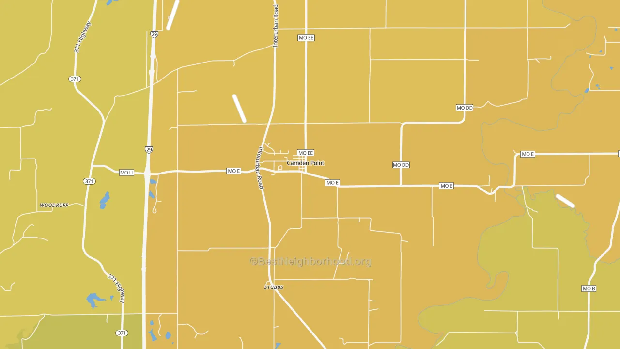 Map of the best neighborhoods in the 64018 area, with better matches in green and worse matches in red