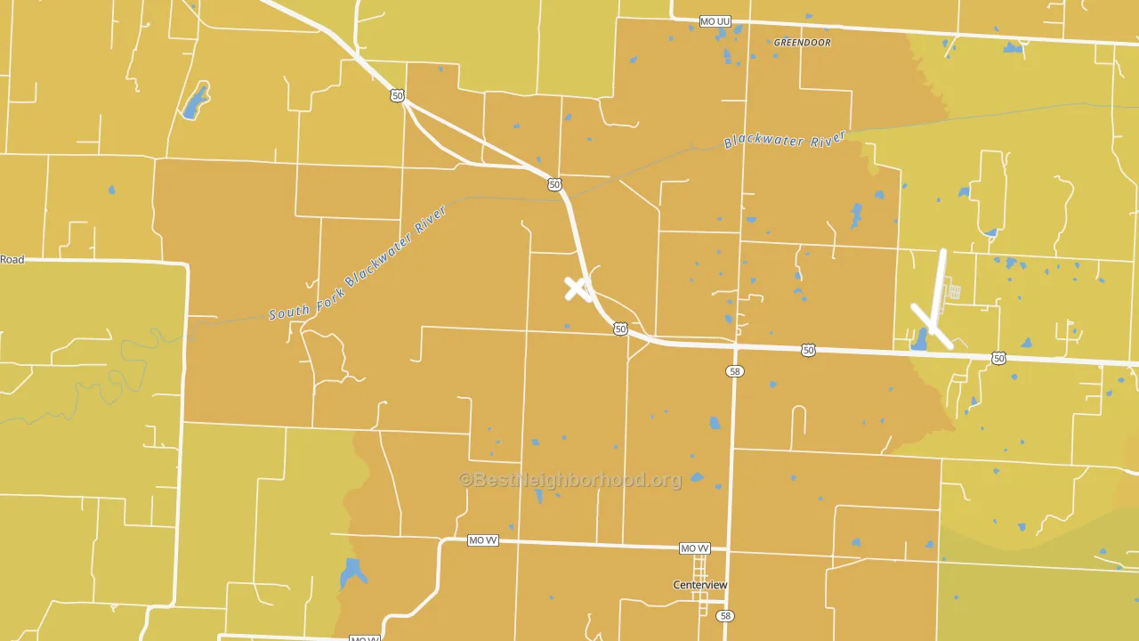Map of the best neighborhoods in the 64019 area, with better matches in green and worse matches in red