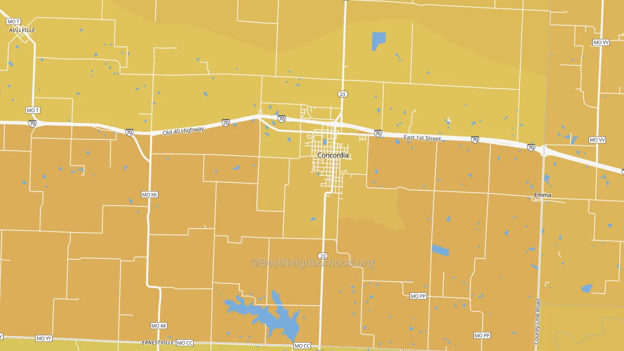 Map of the best neighborhoods in the 64020 area, with better matches in green and worse matches in red