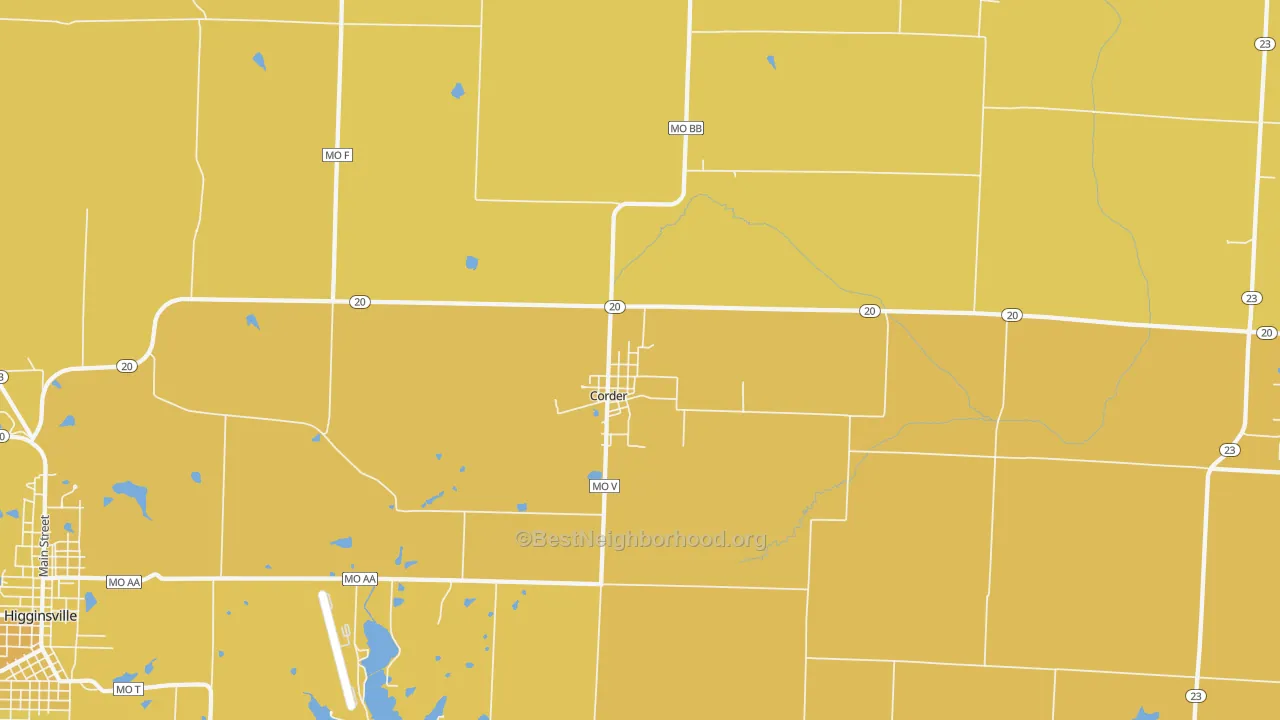 Map of the best neighborhoods in the 64021 area, with better matches in green and worse matches in red