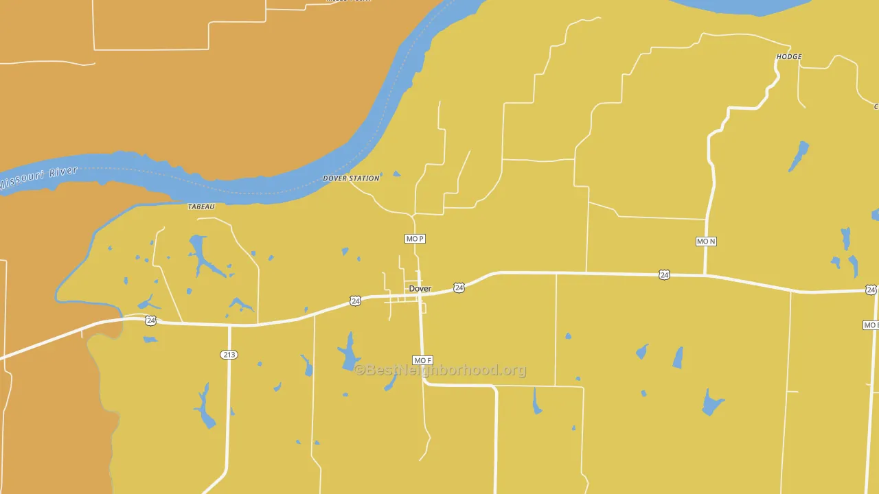 Map of the best neighborhoods in the 64022 area, with better matches in green and worse matches in red