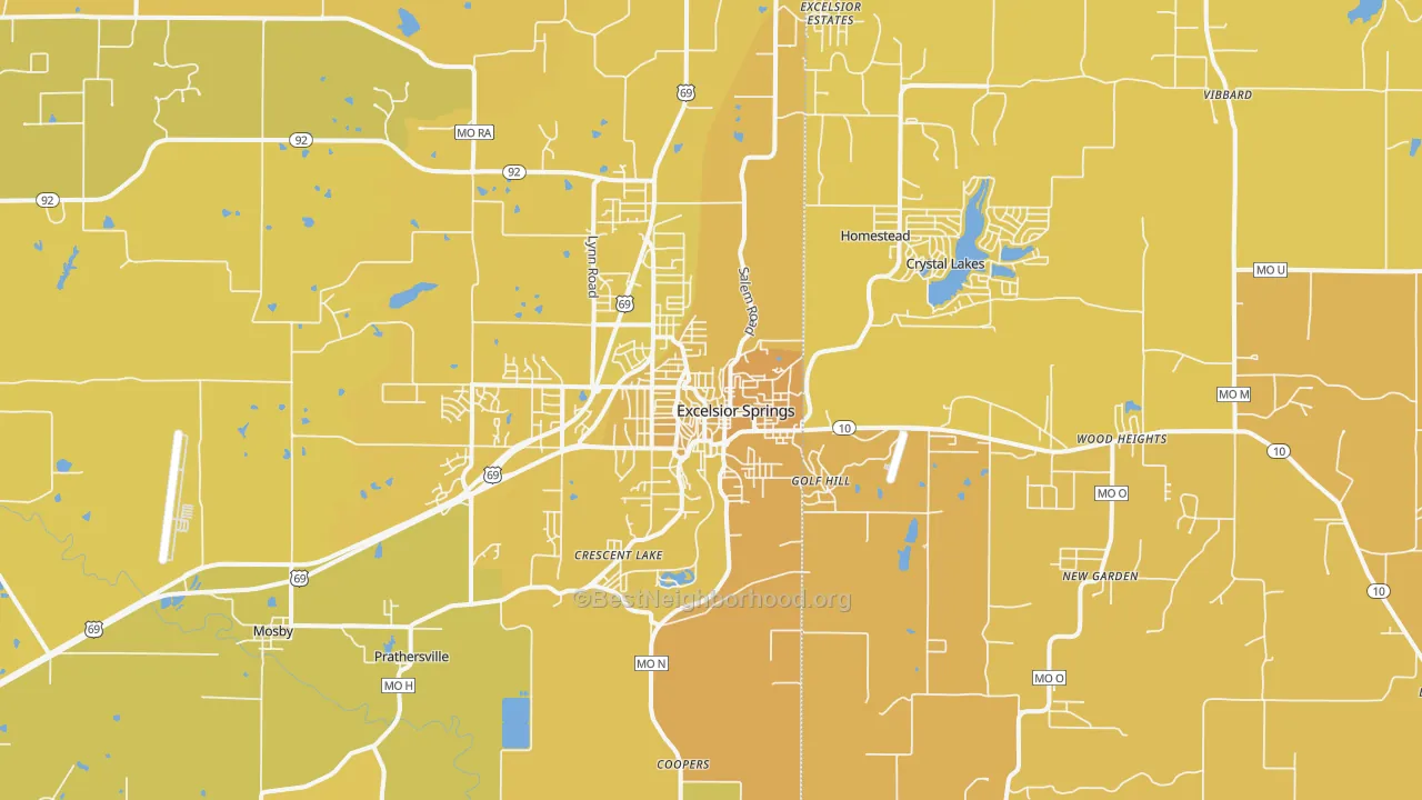Map of the best neighborhoods in the 64024 area, with better matches in green and worse matches in red