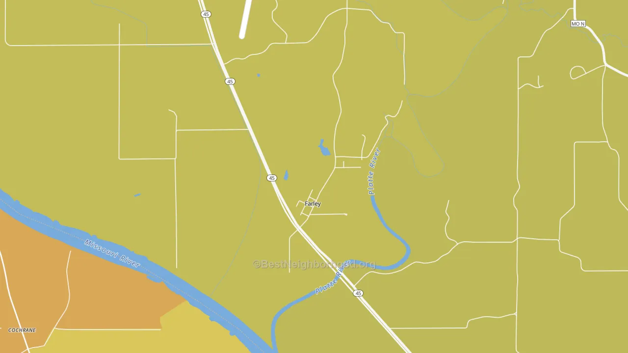 Map of the best neighborhoods in the 64028 area, with better matches in green and worse matches in red