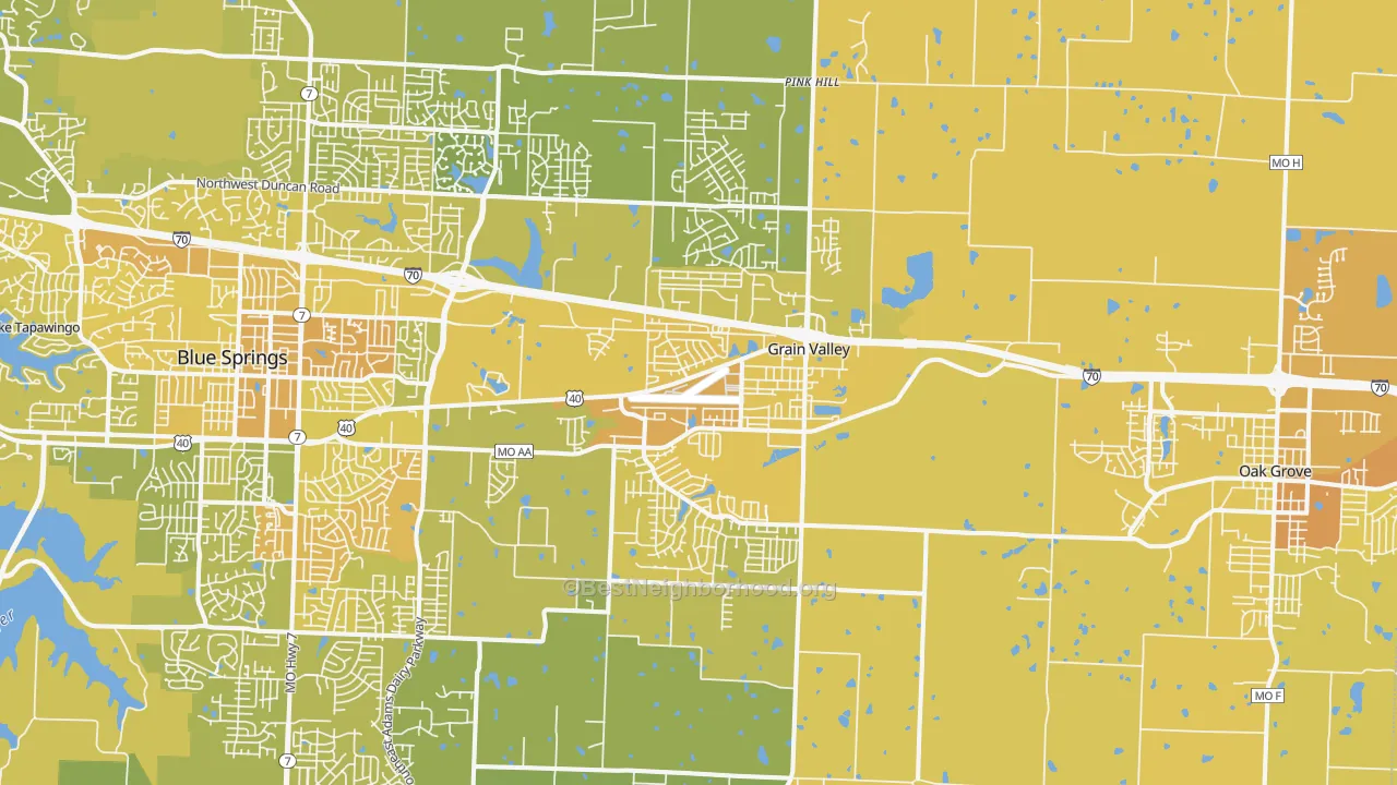 Map of the best neighborhoods in the 64029 area, with better matches in green and worse matches in red