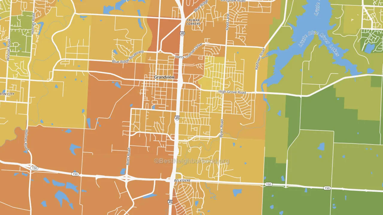 Map of the best neighborhoods in the 64030 area, with better matches in green and worse matches in red