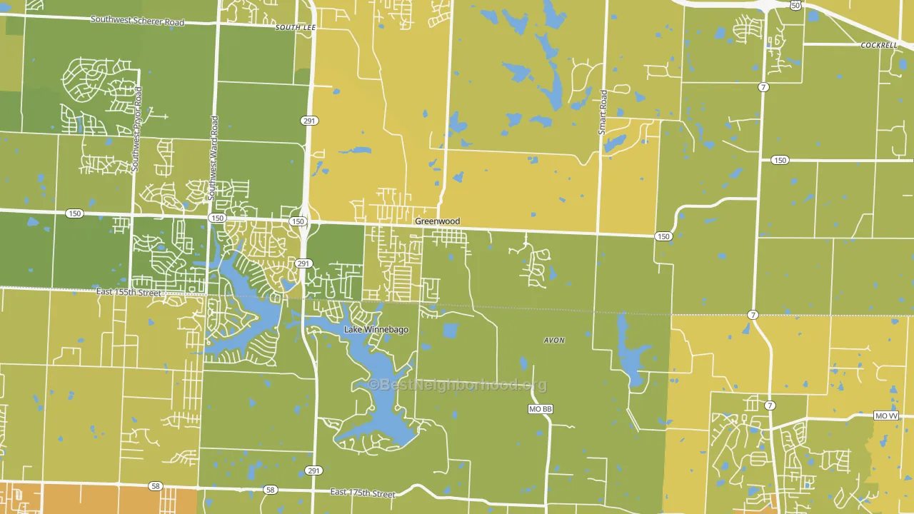 Map of the best neighborhoods in the 64034 area, with better matches in green and worse matches in red