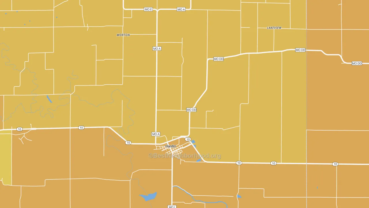 Map of the best neighborhoods in the 64035 area, with better matches in green and worse matches in red