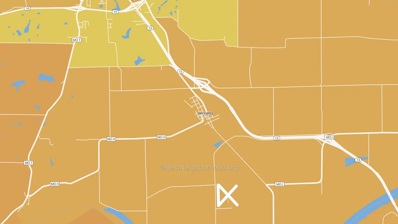Map of the best neighborhoods in the 64036 area, with better matches in green and worse matches in red