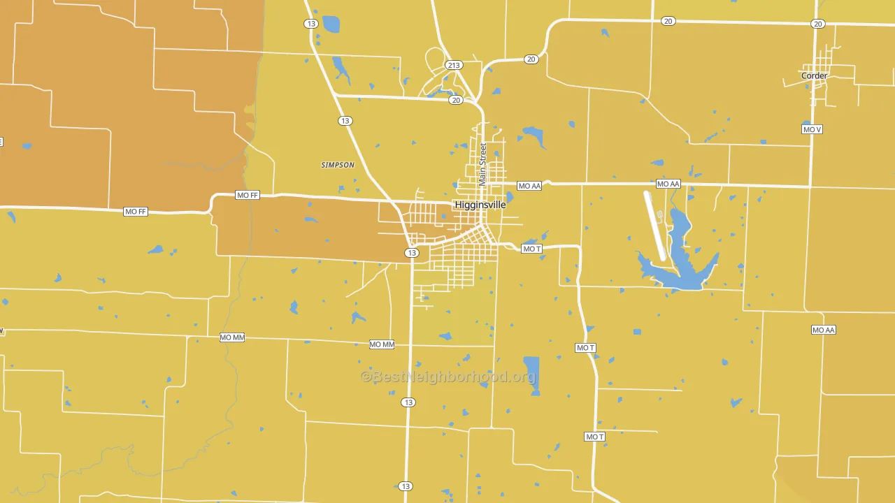 Map of the best neighborhoods in the 64037 area, with better matches in green and worse matches in red