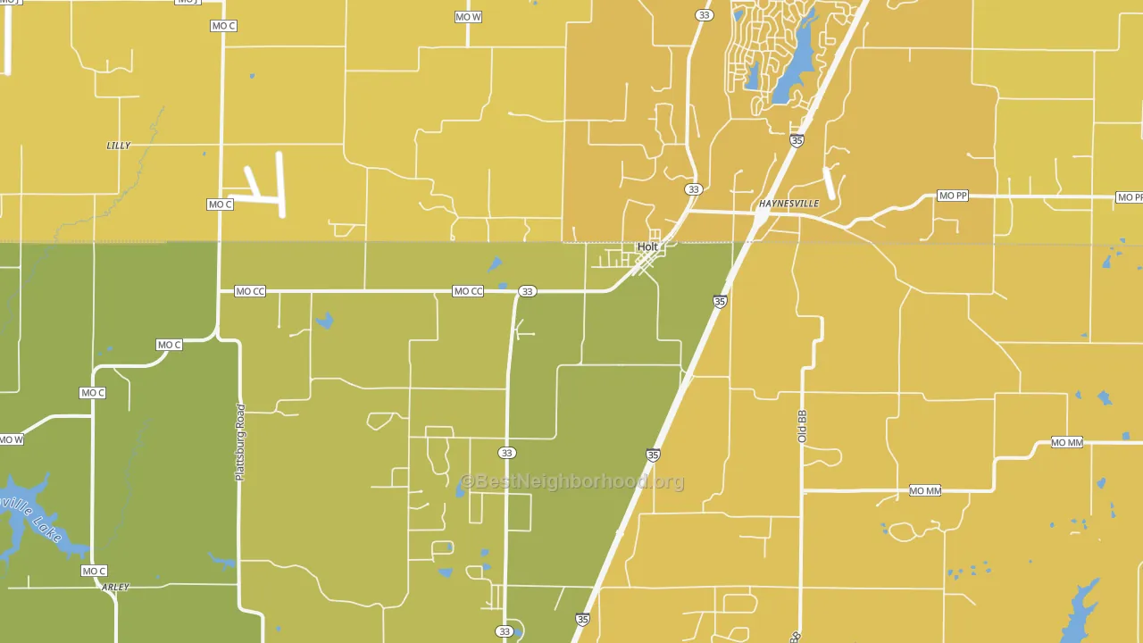 Map of the best neighborhoods in the 64048 area, with better matches in green and worse matches in red