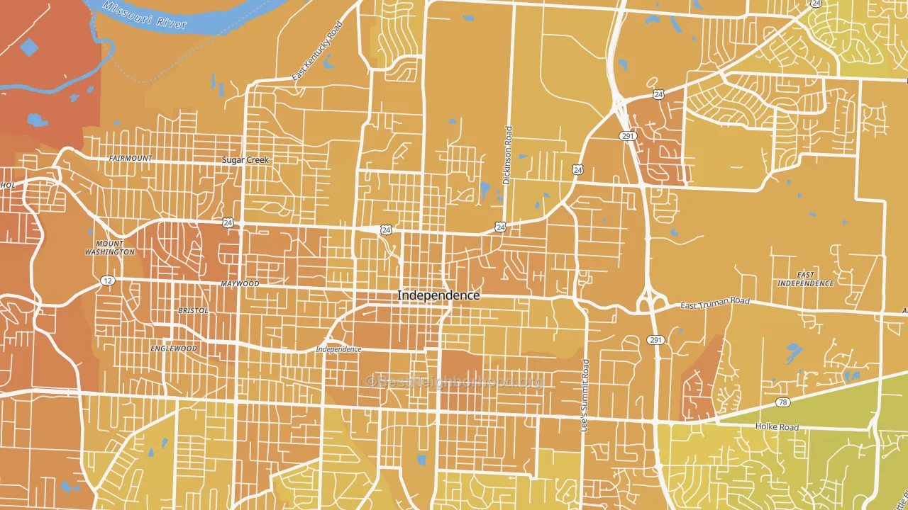 Map of the best neighborhoods in the 64050 area, with better matches in green and worse matches in red