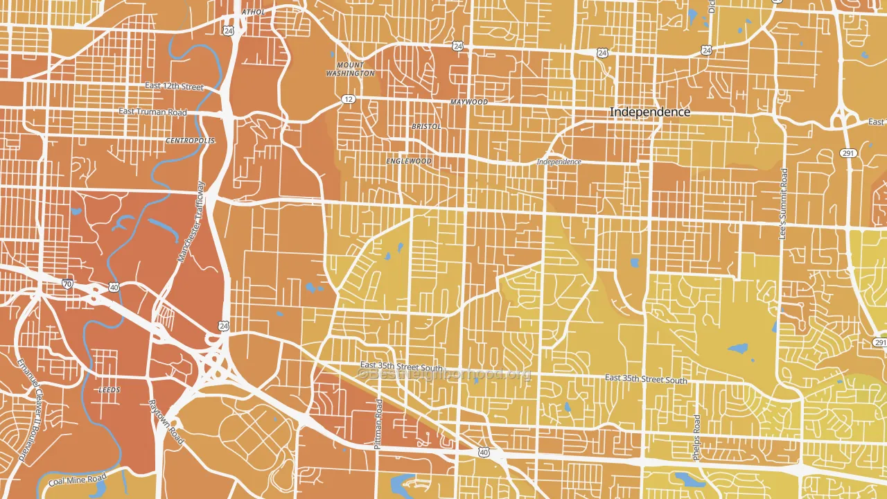 Map of the best neighborhoods in the 64052 area, with better matches in green and worse matches in red