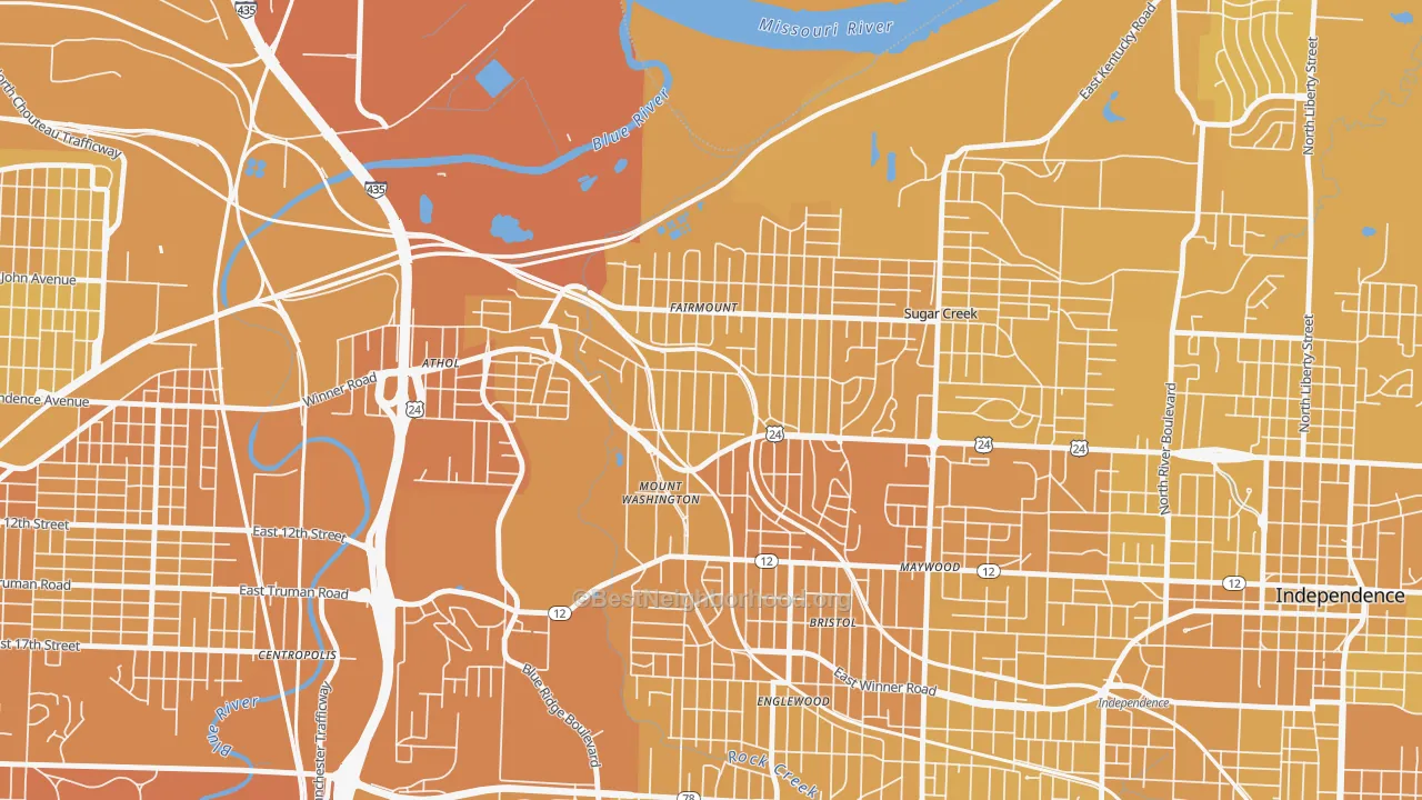 Map of the best neighborhoods in the 64053 area, with better matches in green and worse matches in red