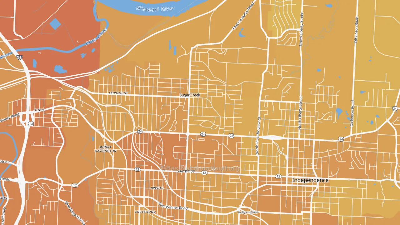 Map of the best neighborhoods in the 64054 area, with better matches in green and worse matches in red