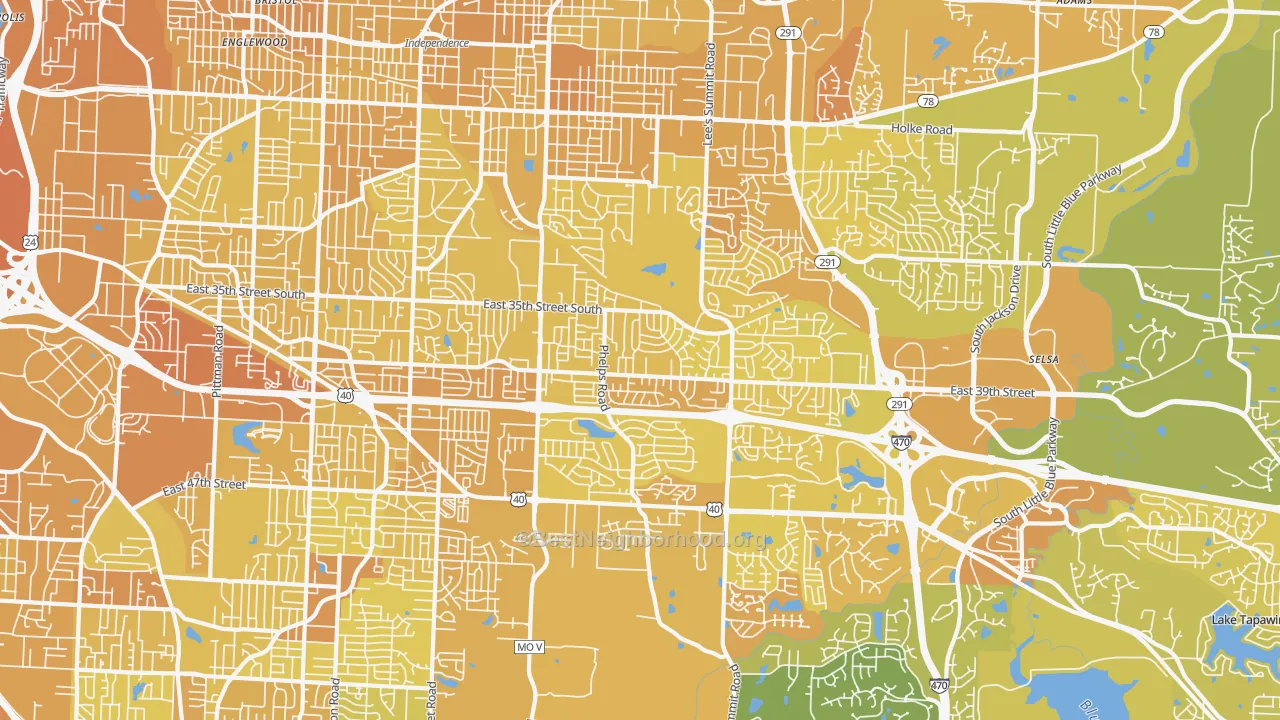 Map of the best neighborhoods in the 64055 area, with better matches in green and worse matches in red