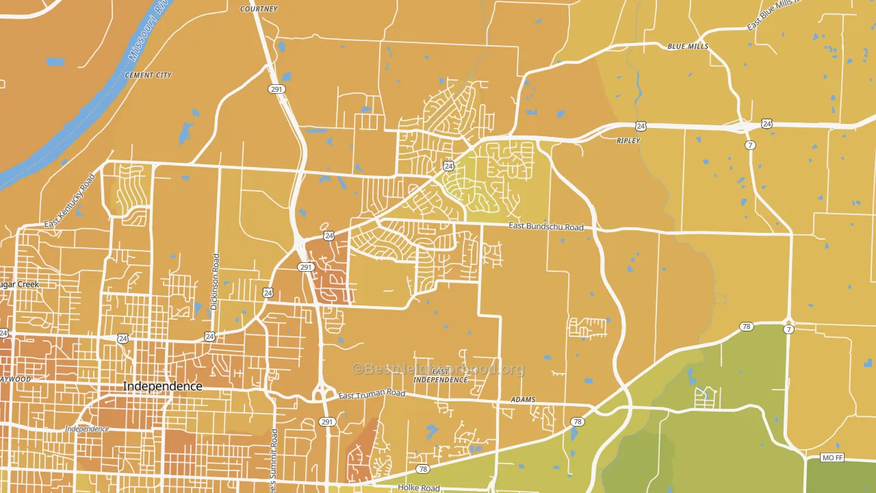 Map of the best neighborhoods in the 64056 area, with better matches in green and worse matches in red