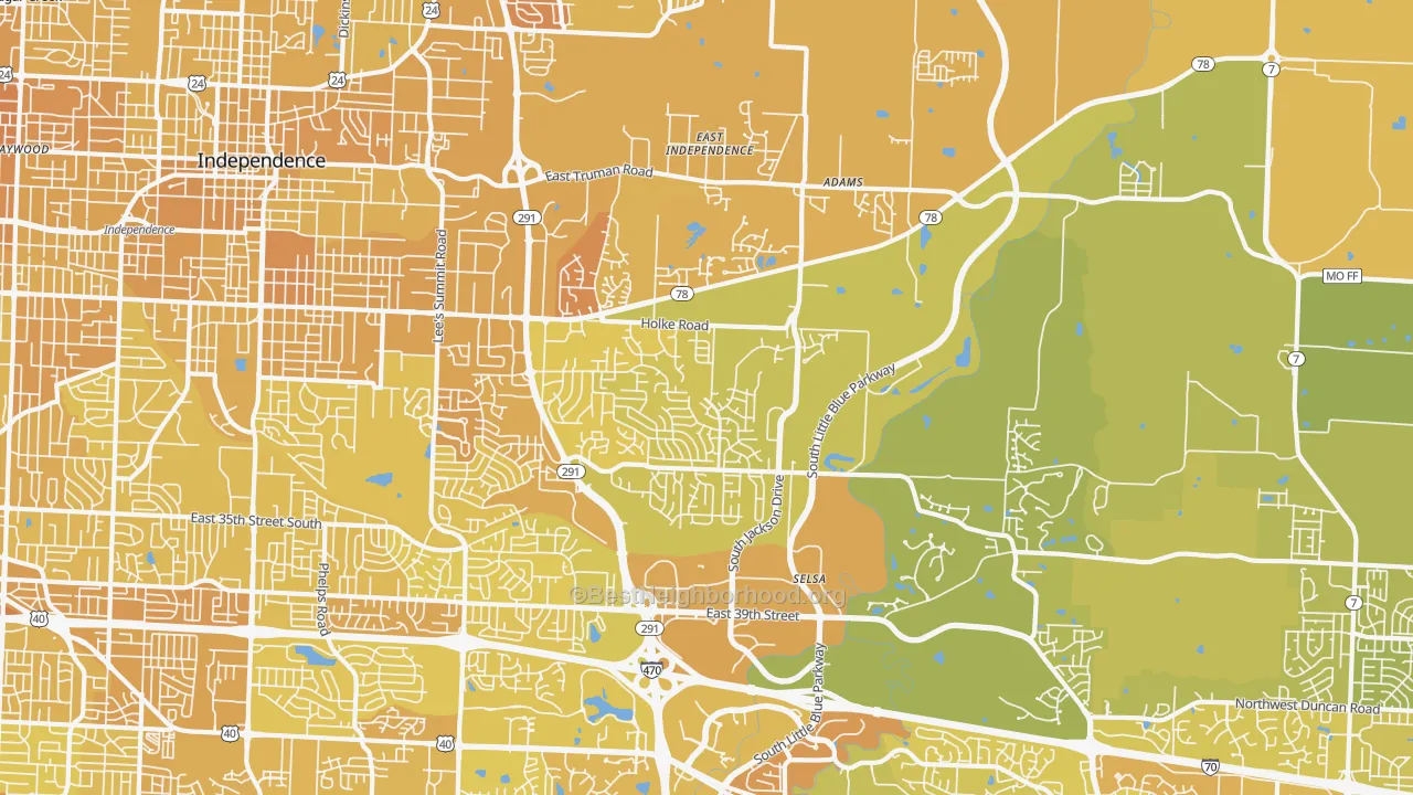 Map of the best neighborhoods in the 64057 area, with better matches in green and worse matches in red