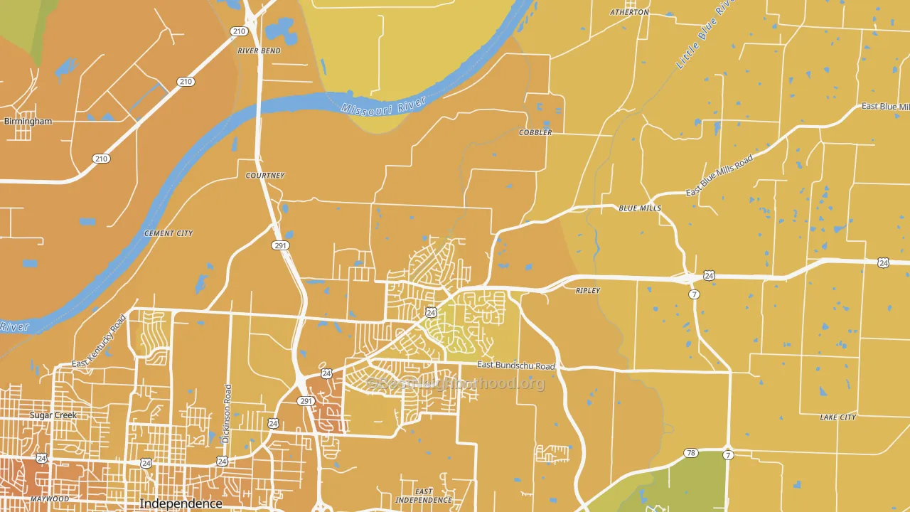 Map of the best neighborhoods in the 64058 area, with better matches in green and worse matches in red
