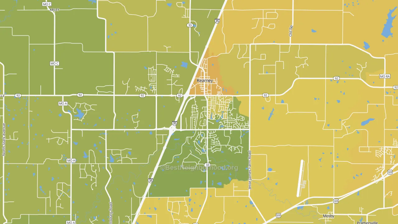 Map of the best neighborhoods in the 64060 area, with better matches in green and worse matches in red