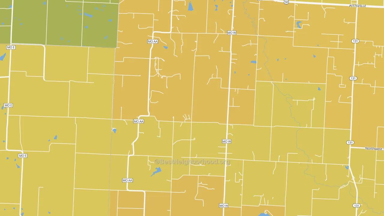 Map of the best neighborhoods in the 64061 area, with better matches in green and worse matches in red