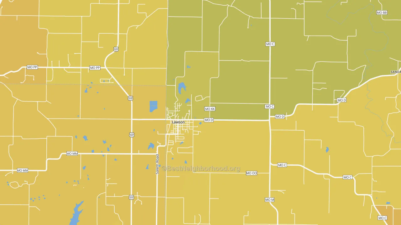 Map of the best neighborhoods in the 64062 area, with better matches in green and worse matches in red