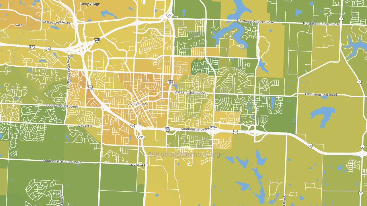 Map of the best neighborhoods in the 64063 area, with better matches in green and worse matches in red