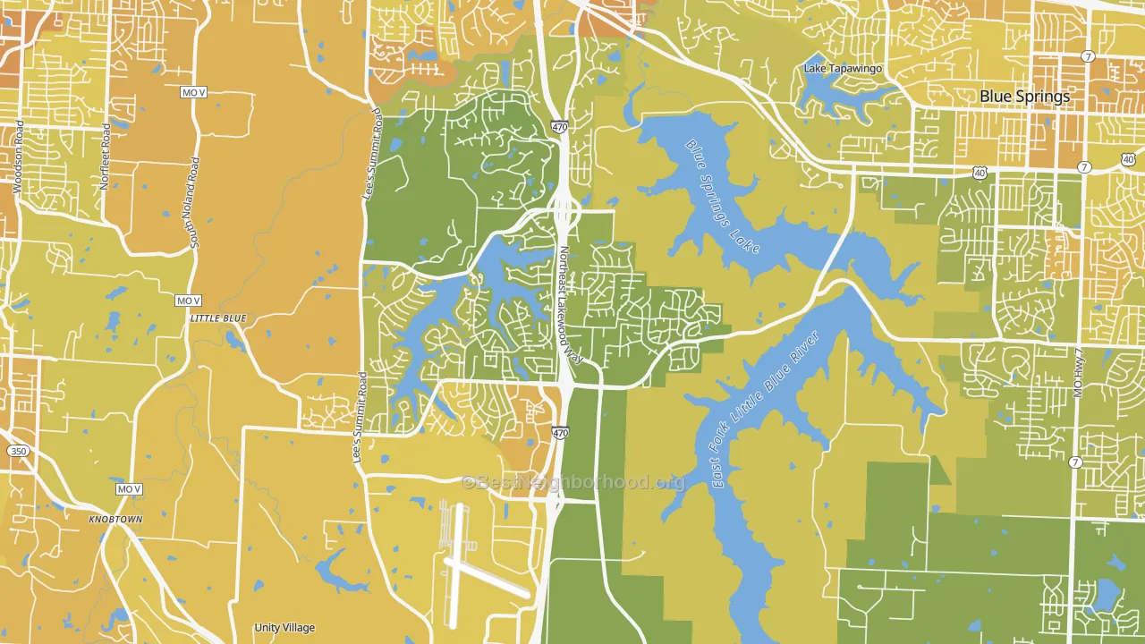 Map of the best neighborhoods in the 64064 area, with better matches in green and worse matches in red