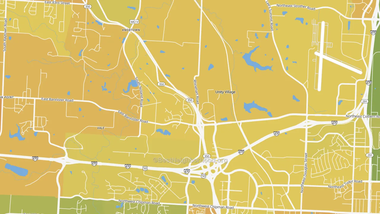 Map of the best neighborhoods in the 64065 area, with better matches in green and worse matches in red