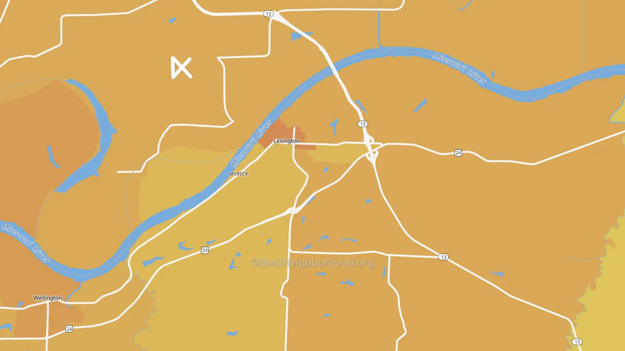 Map of the best neighborhoods in the 64067 area, with better matches in green and worse matches in red