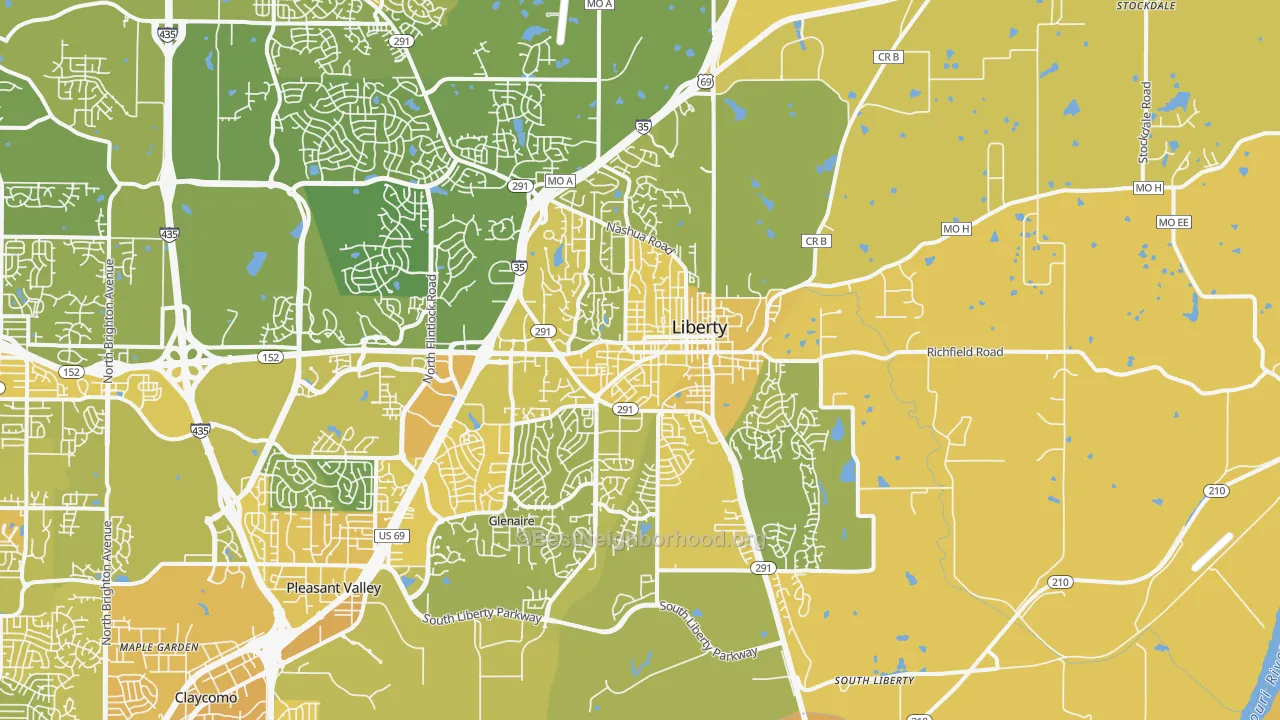 Map of the best neighborhoods in the 64068 area, with better matches in green and worse matches in red
