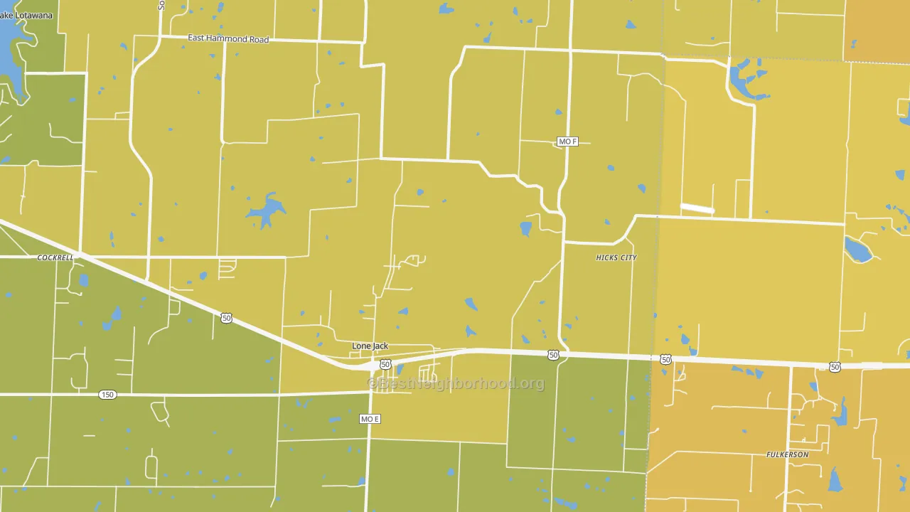 Map of the best neighborhoods in the 64070 area, with better matches in green and worse matches in red