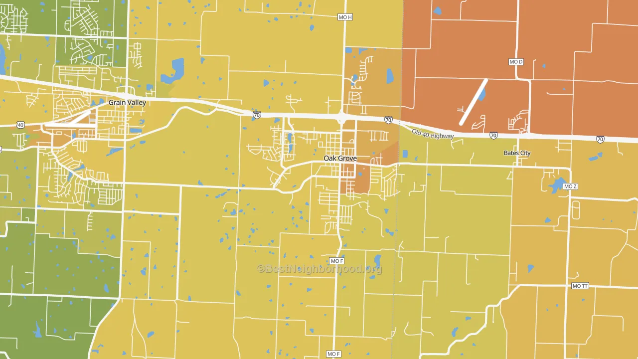Map of the best neighborhoods in the 64075 area, with better matches in green and worse matches in red