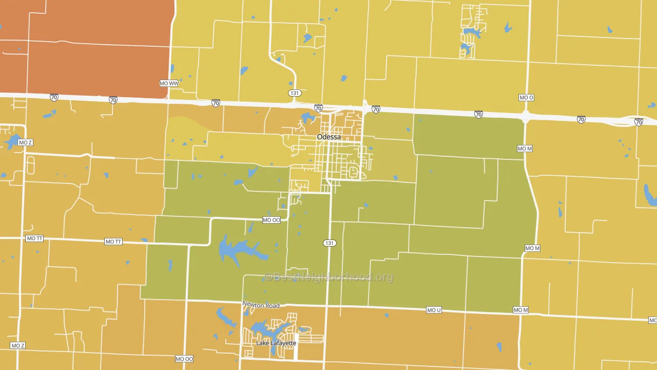 Map of the best neighborhoods in the 64076 area, with better matches in green and worse matches in red