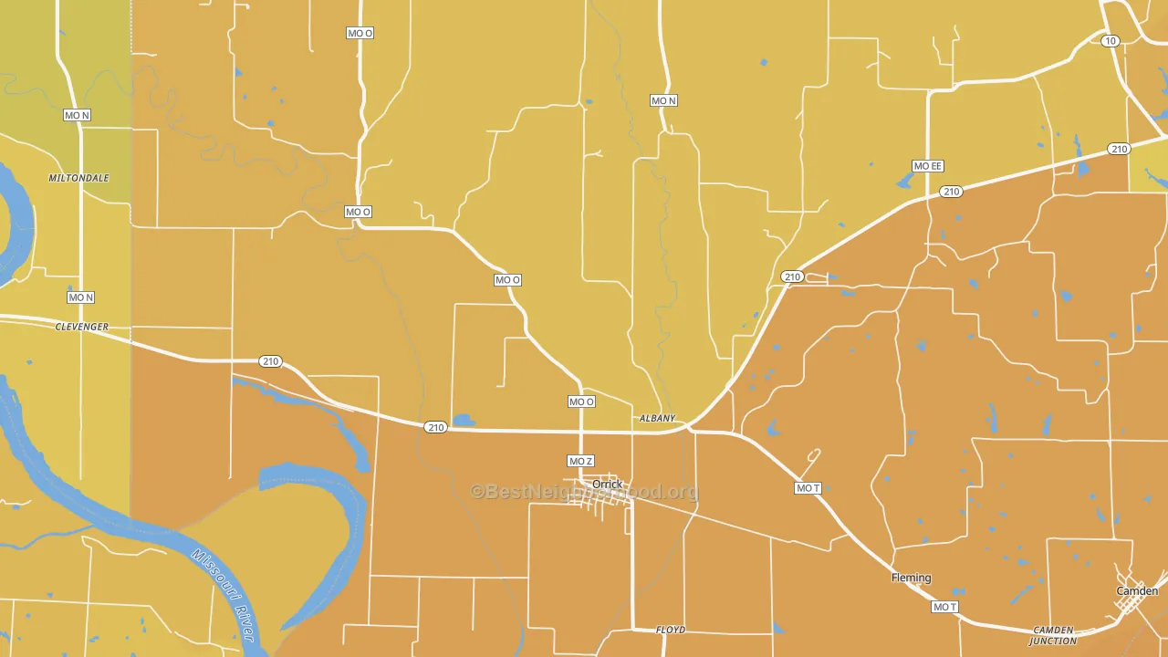 Map of the best neighborhoods in the 64077 area, with better matches in green and worse matches in red