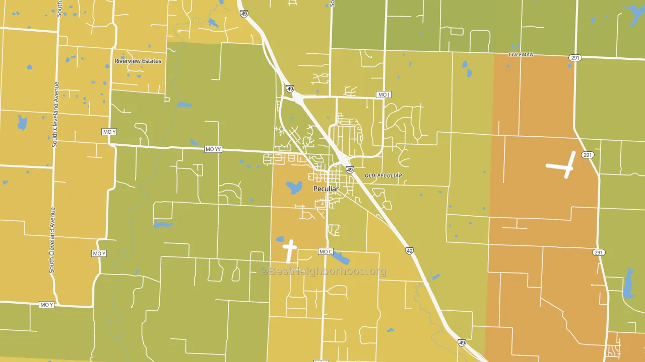 Map of the best neighborhoods in the 64078 area, with better matches in green and worse matches in red