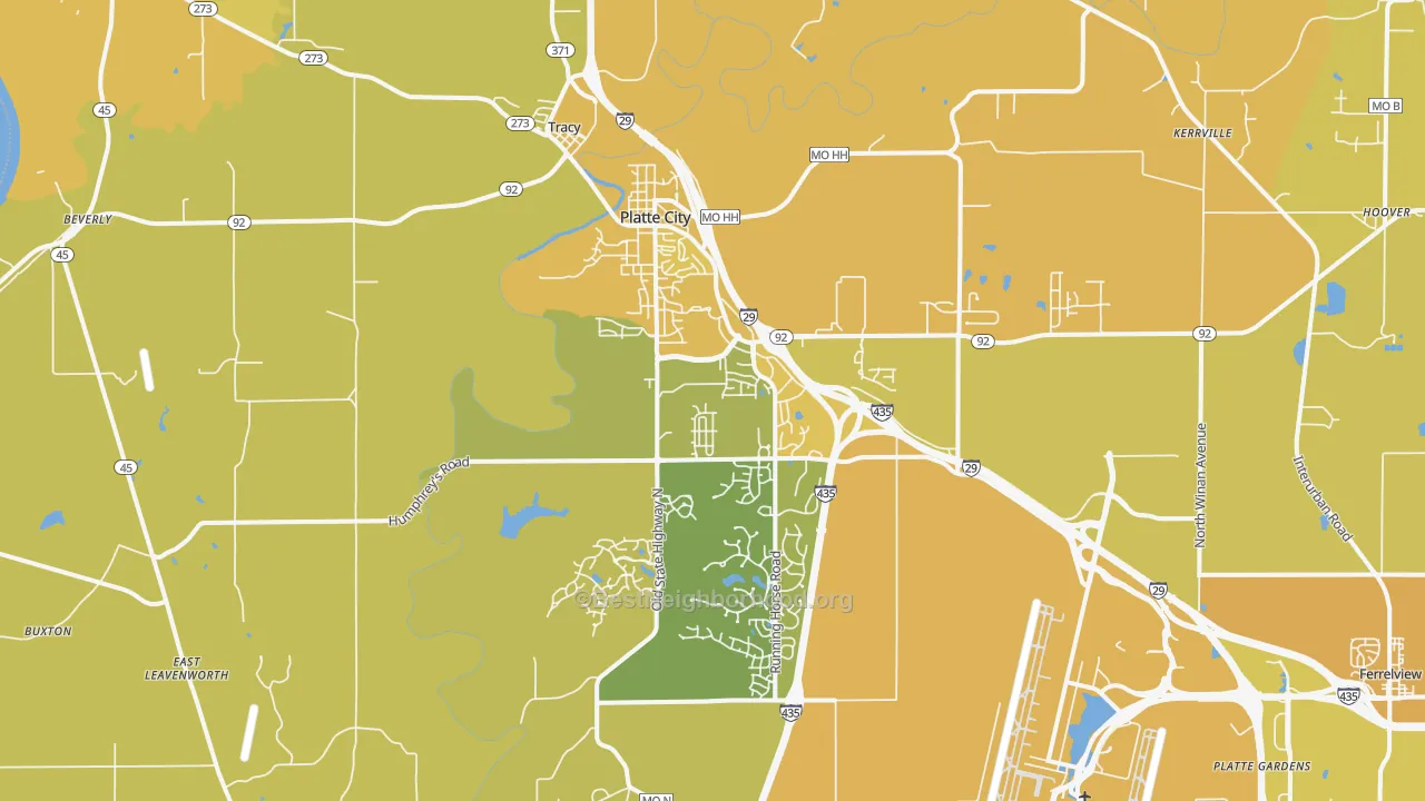 Map of the best neighborhoods in the 64079 area, with better matches in green and worse matches in red