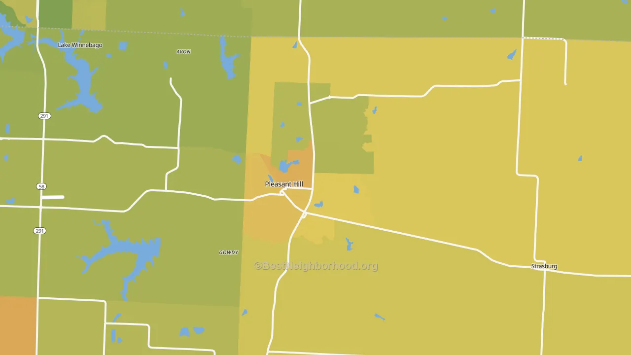 Map of the best neighborhoods in the 64080 area, with better matches in green and worse matches in red