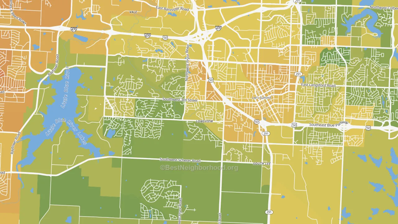 Map of the best neighborhoods in the 64081 area, with better matches in green and worse matches in red