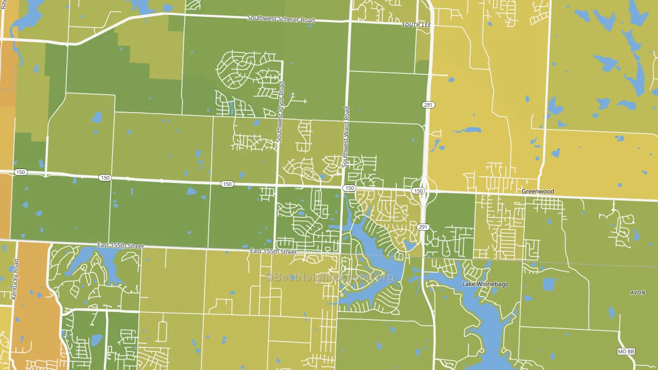Map of the best neighborhoods in the 64082 area, with better matches in green and worse matches in red