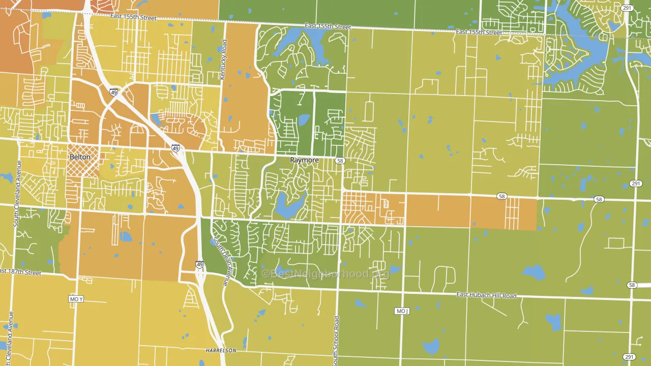 Map of the best neighborhoods in the 64083 area, with better matches in green and worse matches in red