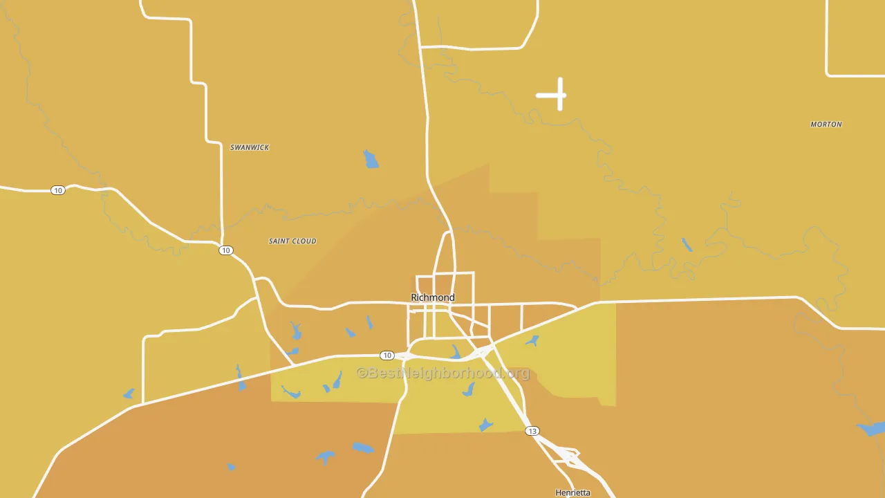 Map of the best neighborhoods in the 64085 area, with better matches in green and worse matches in red