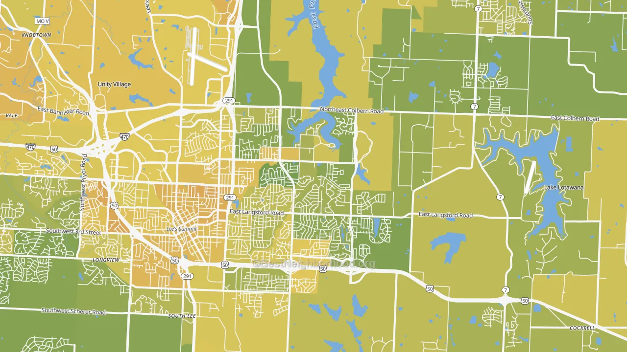 Map of the best neighborhoods in the 64086 area, with better matches in green and worse matches in red