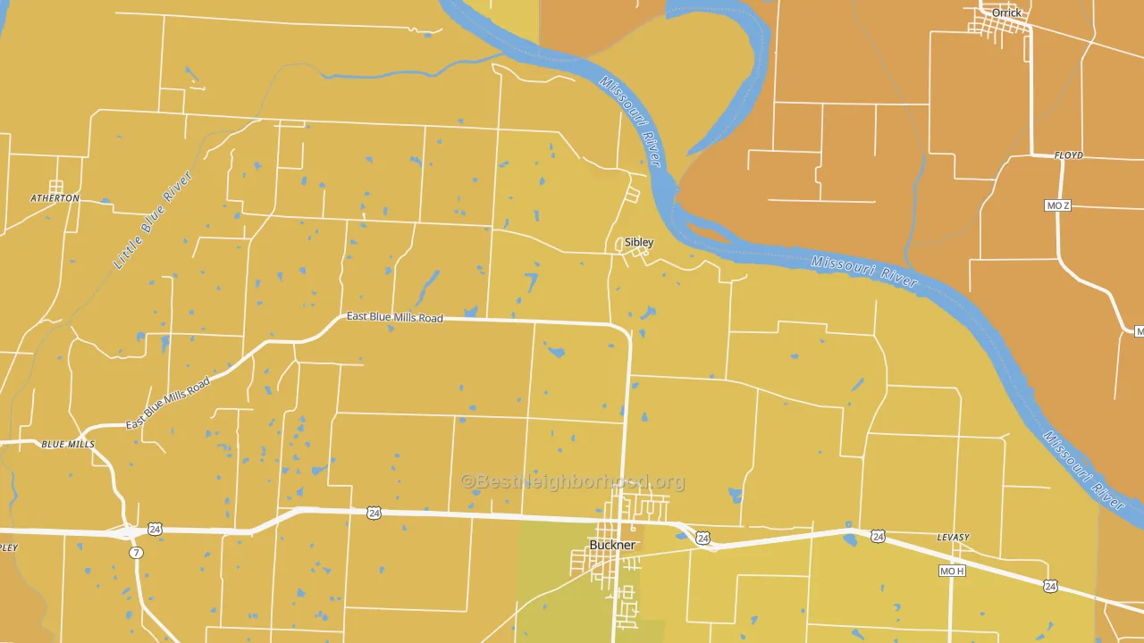 Map of the best neighborhoods in the 64088 area, with better matches in green and worse matches in red
