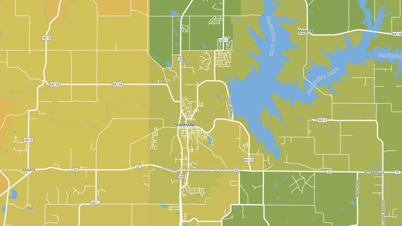 Map of the best neighborhoods in the 64089 area, with better matches in green and worse matches in red