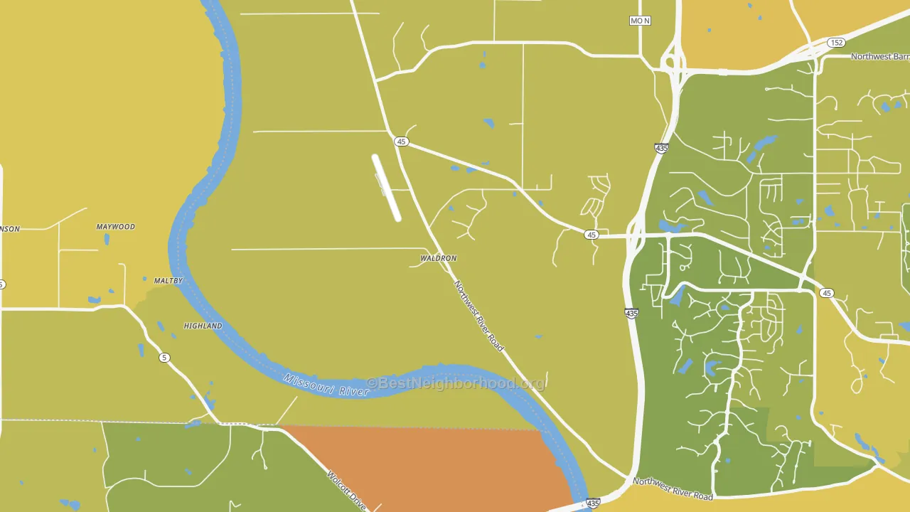 Map of the best neighborhoods in the 64092 area, with better matches in green and worse matches in red
